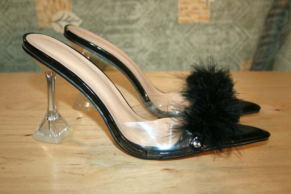 New Black Lucite Open Furry Toe Mules Slides 11 / 43